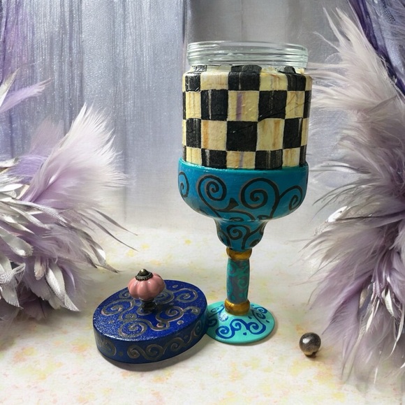 Artistic Blue and Black Checkered Trinket Jar, Mackenzie Child Inspired.. - Picture 5 of 14